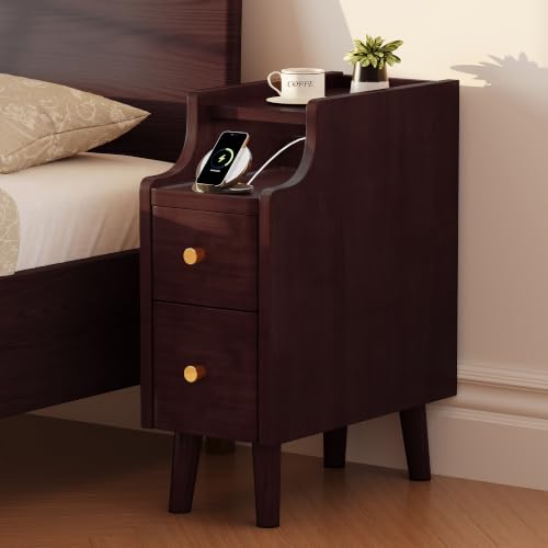7.9" Solid Wood Narrow Nightstand with Drawers & Tray,Black Walnut | Perfect for small spaces, this slim bedside table features a pull-out tray, cable routing, and minimal easy assembly - color: Black Walnut, size: 8''