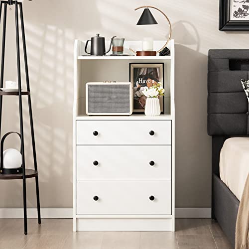 Moccha 3 Drawers Dresser with Shelf, Modern Dresser Tower with 2 Open Shelves, Chest of Drawers with Anti-toppling Device, Tall Storage Dresser Nightstand for Closet, Living Room, White - color: White