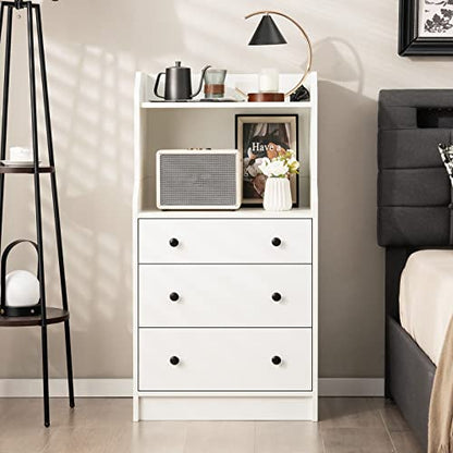 Moccha 3 Drawers Dresser with Shelf, Modern Dresser Tower with 2 Open Shelves, Chest of Drawers with Anti-toppling Device, Tall Storage Dresser Nightstand for Closet, Living Room, White - color: White