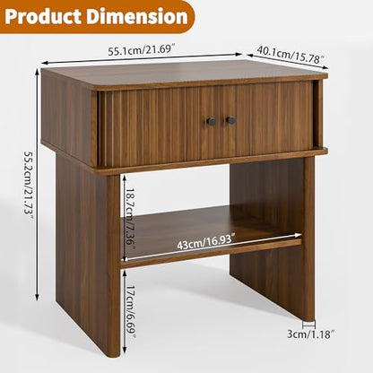 Nightstand with Fluted Sliding Door, 3-Tier Side Table with Hidden Cabinet and Open Storage, 21.7" Wide Modern End Table, for Living Room, Bedroom, Dorm, Spacious Desktop Space, Walnut Brown