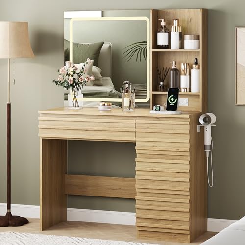 Vanity Desk with Lights, Fluted Vanity with 4 Drawers, Open Shelves, Power Outlet, LED Lighted Mirror, 3 Lighting Modes & Brightness Adjustable, Wood Dressing Table for Bedroom,Natural Oak - color: Natural Oak