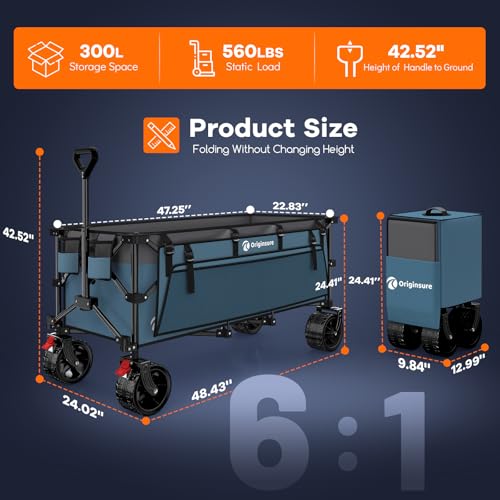 Originsure 300L Foldable Beach Wagon Cart with Big Wheels,560lbs,Grey&Blue | 48" Folding Utility Wagon,7" All-Terrain Wheels,Heavy Duty Frame,Compact&Space-Saving,for Camping,Sports,Grocery,Garden - color: Blue&grey