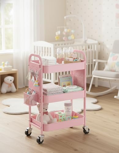 ALVOROG 3 Tier Rolling Cart with DIY Pegboards Metal Utility Cart with Wheels Handles Baskets Hooks, Craft Cart for Office Kitchen Bathroom(Cherry Blossom Pink) - color: Cherry Blossom Pink
