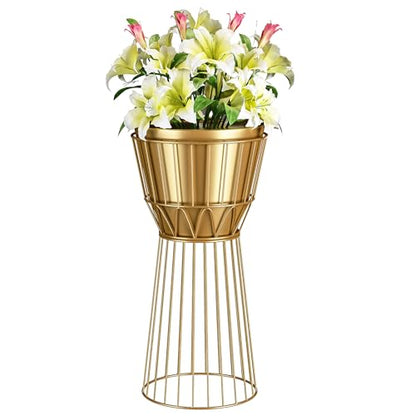 Metal Plant Stand with Pot, 12", Gold | Height 27", Tall Decorative Holder, Indoor Use, Modern Flower Potted Rack, Corner Display