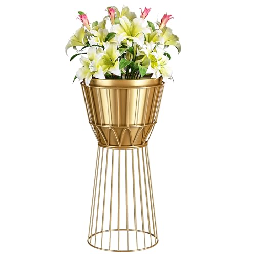 Metal Plant Stand with Pot, 12", Gold | Height 27", Tall Decorative Holder, Indoor Use, Modern Flower Potted Rack, Corner Display