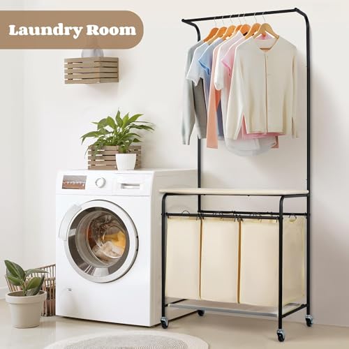 MYOYAY 3 Section Laundry Sorter with Garment Hanging Bar Rack Foldable Ironing Board, Laundry Basket Organizer Heavy Duty Laundry Hamper Rolling Cart with Lockable Wheels and 3 Removable Bags
