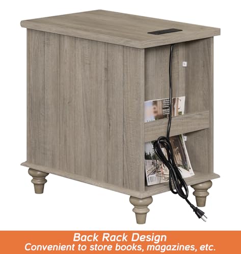 WAMPAT Gray End Table with Charging Station, Wooden Side Table with 1 Drawer &1 Storage Cabinet, Mid Century Modern Nightstand with Power Outlets & USB Ports for Living Room, Bedroom - color: Grey