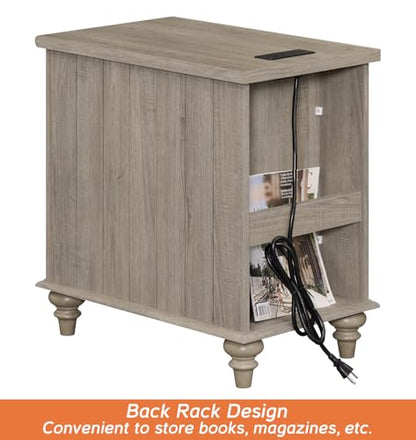 WAMPAT Gray End Table with Charging Station, Wooden Side Table with 1 Drawer &1 Storage Cabinet, Mid Century Modern Nightstand with Power Outlets & USB Ports for Living Room, Bedroom - color: Grey