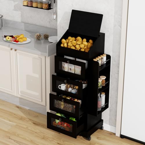 ARTETHYS Potato Storage Bin 5-Tier Rolling Black Bread Box with Side Rack | Onion Keeper with Spice Rack on Wheels, Movable Fruit & Vegetable Container with 4 Ventilated Drawers for Kitchen - color: Black