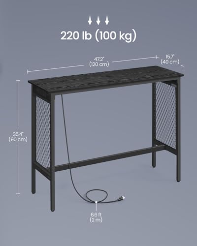 VASAGLE Bar Table with Power Outlets, 47.2 Inches LED Lights Narrow Tall Pub Table, Counter Height Console Desk, Mesh Panels and Metal Frame, for Kitchen, Entryway, Ebony Black and Matte Black - color: Ebony Black + Matte Black, size: 47.2"W, style: Indus