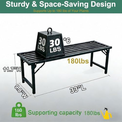 Foldable Plant Stand, No Assembly Heavy Duty Iron Plant Shelf, Rustproof Single Tier Plant Rack for Indoor Outdoor, Long Narrow Flower Stand for Patio Balcony Garden Living Room, 33" L x 9.7" W x 11.7" H - size: L33”xH11.7"xW9.7"