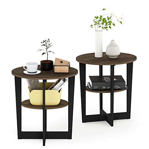 Furinno JAYA Side Table Set of 2, 2-Tier Round Modern End Table with Oval Tabletop, Night Stand, Bedside Table with Open Shelf, for Living Room, Bedroom, Columbia Walnut - color: Columbia Walnut/Black, size: 2-Pack, 2 Tiers, Oval Panel