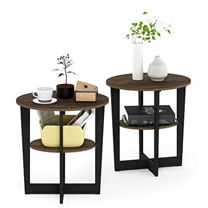 Furinno JAYA Side Table Set of 2, 2-Tier Round Modern End Table with Oval Tabletop, Night Stand, Bedside Table with Open Shelf, for Living Room, Bedroom, Columbia Walnut - color: Columbia Walnut/Black, size: 2-Pack, 2 Tiers, Oval Panel