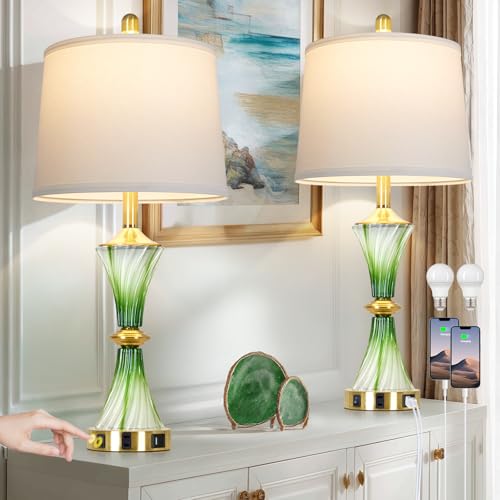 Rinweey Green Glass Table Lamp Set of 2 with USB C+A Ports & AC Outlet, Bedside Lamp, Modern Bedroom Lamps, Coastal Lamp for Night Stands Bedroom Living Room,Nightstand Lamp LED Bulbs Included - color: Green