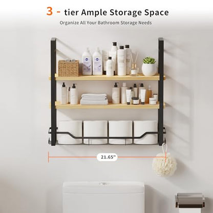 Bathroom Shelves Over Toilet Storage - 3 Tier Large Wall Mounted Shelves for Bathroom - Over Toilet Organizer - Adjustable Stand Shelf Rack for Kitchen Living Room - Black Oak