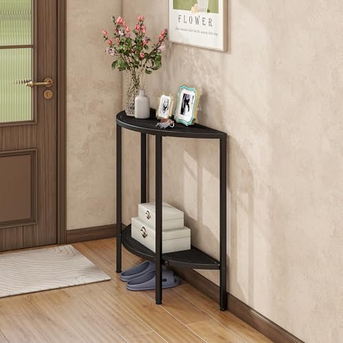 Console Table 2 Tier,Narrow Entryway Table with Storage,Black | Half Moon Sofa Couch Table with Metal Frame,Wooden Accent Side Coffee Table for Living Room/Hallway or Small Spaces - color: Modern Style-black