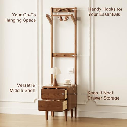 Solid Wood Coat Rack Freestanding,Standing Coat Rack with 2 drawers,Clothing Racks for Hanging Clothes,Narrow Hall Tree with Storage,Walnut Nightstand with 6 Coat Hooks for Bedroom Entryway Corner - size: 2 drawers