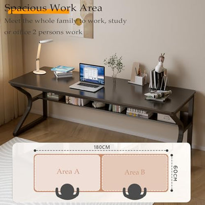 OSCHF Extra Long Desk with Bookshelf - 71" Double Long Writing Table for 2-Person Workstation, Modern Study Work Computer Desk for Home and Office, Black | Double Long Writing Table, Space-saving, 2-Person Workstation, Modern Study Work Computer Desk, Sui