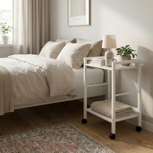 2-Tier Rolling Utility Cart with White Shelves and White Metal Frame, Industrial Mobile Storage Trolley on Wheels for Kitchen, Office, Bathroom, Living Room