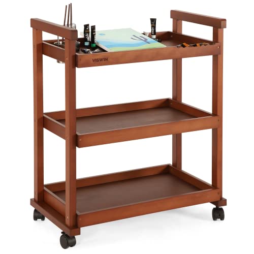 VISWIN Art Cart Organizer, Solid Beechwood Art Supply Storage Organizer with Caster Wheels, 3-Tier Multifunctional Rolling Utility Storage Cart for Studio, Classroom, Artists - Walnut - color: Walnut