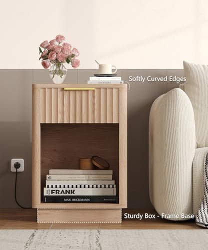 Akxomel Fluted Nightstand, Wooden Night Stand with Charging Station and LED Light, Modern Mid Century End Table with Drawer, 15" D x 15.7" W x 22.6" H, for Bedroom, Natural Oak - color: Natural Oak