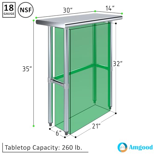 AmGood 14 in. x 30 in. Open Base Stainless Steel Work Table | Residential & Commercial | Food Prep | Heavy Duty Utility Work Station | NSF - size: 30 in. Length x 14 in. Width