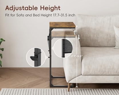 Vagusicc C-Shaped End Table Set of 2, Adjustable Height Side Table for Couch with Charging Station, Tall C Table Slide Under Sofa Table, TV Tray for Living Room, Bedroom, Bedside, Small Space, Brown - color: 2pc Rustic Brown