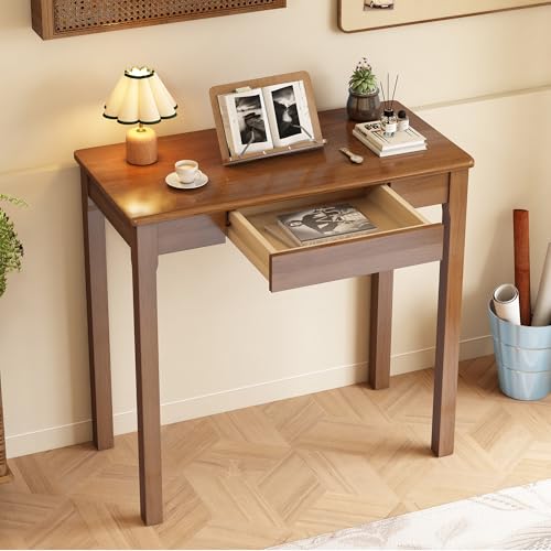 Solid Wooden Desk with Drawers - 32 x 16 Inch Narrow Desks, Rubberwood Mid Century Modern Desks, Small Writing Desk for Bedroom|Small Spaces - Walnut Color - color: Walnut, size: 31.5 in W x 15.7 in D