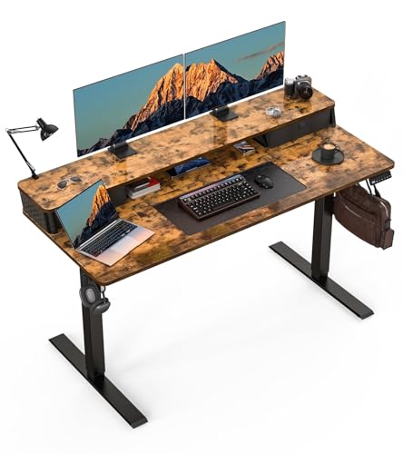 Electric Standing Desk with Two Drawers,55 x 24 Inch Sit Stand Desk Adjustable Height, Stand Up Desk with Storage Shelf, Computer Workstation for Home Office, Rustic Brown - color: Rustic Brown, size: 55" x 24"