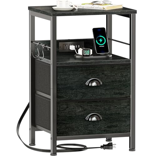 Furologee Nightstand with Charging Station, Black Night Stand with 2 Fabric Drawers, Side Table with USB Ports, End Table with Storage Shelf, for Living Room/Bedroom, Black Oak - color: Black Oak, size: 1 pc