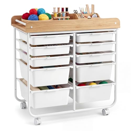 GOFLAME 10-Drawer Rolling Storage Cart, Craft Storage Cart with Wooden Tabletop, Lockable Wheels and Handles, Art Cart Supply Storage Organizer with Metal Frame for Home Office Classroom, White - color: White, size: 10 drawer wood top-25.5"x14.5"x26.5"