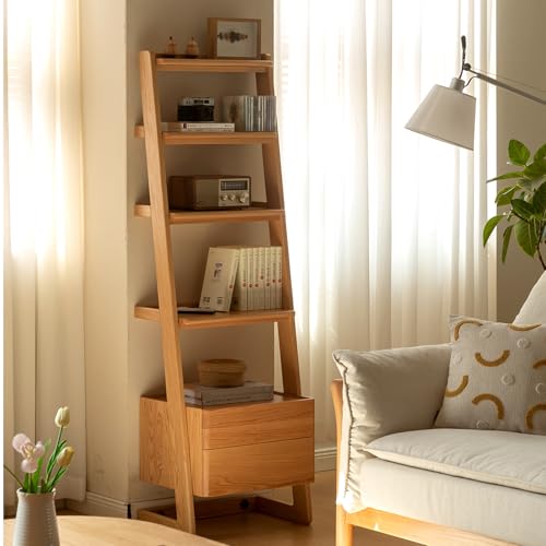 100% Solid Wood 5 Tier Ladder Shelf, Tall Narrow Bookshelf with Storage, 63.78" Tall Bookcase with Drawers, Display Shelf Unit for Living Room Bedroom - color: Natural Color, size: 5 Tier with Cabinet (63.78" H)