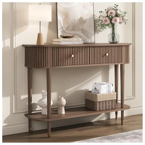 JOINICE 43" Entryway Table with Drawers,Fluted Console Table with Storage Shelf,Narrow Sofa Table for Living Room,Hallway,Foyer,Walnut - color: Walnut