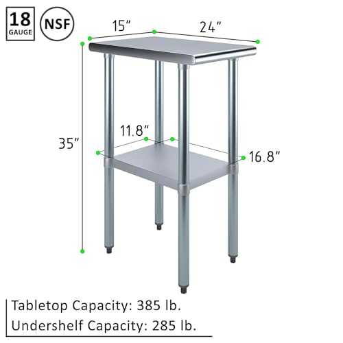 Stainless Steel Food Prep Work Table with Adjustable Under-Shelf and Legs and, Optional Casters/Wheels (15" x 24") - size: 15" x 24"