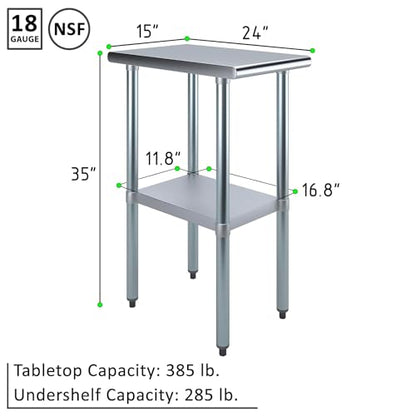 Stainless Steel Food Prep Work Table with Adjustable Under-Shelf and Legs and, Optional Casters/Wheels (15" x 24") - size: 15" x 24"