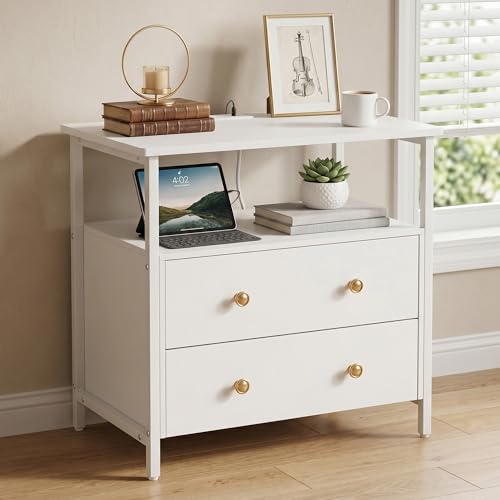 Edbuosy 27 inch Wide Night Stand with Charging Station, Bedside Table with Open Shelf, 2 Drawers Small Wood Dresser, Modern Wood Nightstand for Bedroom/Living Room, White - color: White, size: 27"W-2 Drawers