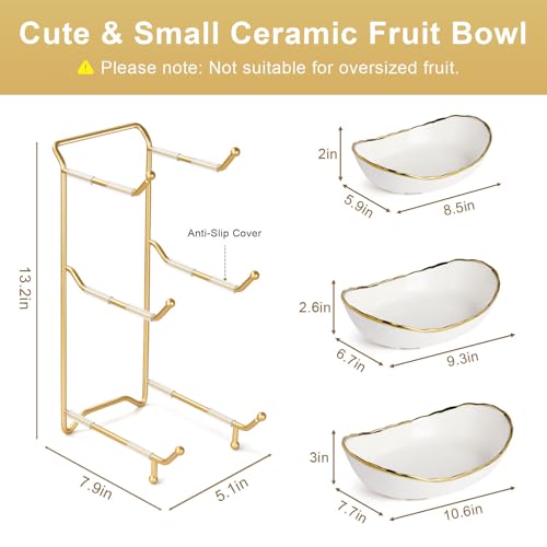 3-Tier Ceramic Fruit Bowl, Modern Fruit Basket for Kitchen Countertop, Tiered Fruit Display Stand with Gold Metal Stand, Non-Slip & Chip-Resistant, Dishwasher Safe (Gold&White) - color: Gold&White