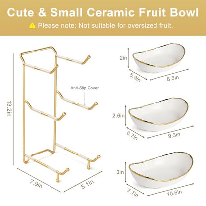 3-Tier Ceramic Fruit Bowl, Modern Fruit Basket for Kitchen Countertop, Tiered Fruit Display Stand with Gold Metal Stand, Non-Slip & Chip-Resistant, Dishwasher Safe (Gold&White) - color: Gold&White