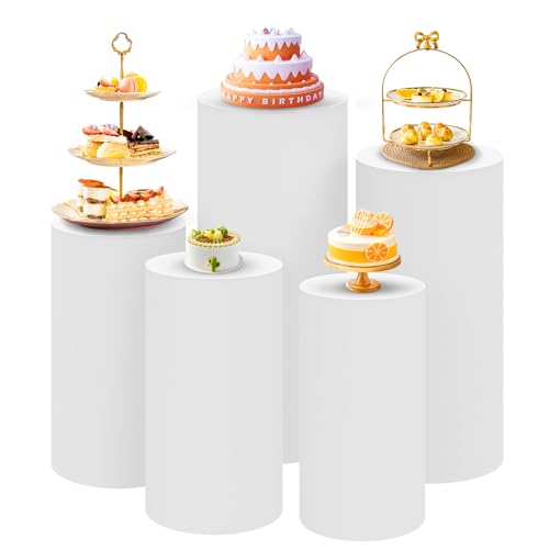 SaitiMade Set of 5 - White Cylinder Pedestal Stand Covers, Spandex Cylinder Stand Covers for Party, Wedding or Birthday Event Decor - Only Contains Cylinder Covers - color: White, size: 5 PCS