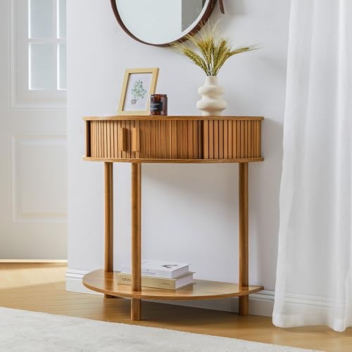 Entryway Table, Half Moon Fluted Console Tables with Storage, Mid Century Modern Small Half Round Sofa Tables for Hallway, Narrow Curved Accent Decor Table for Living Room (Mid-Century Modern, Walnut)