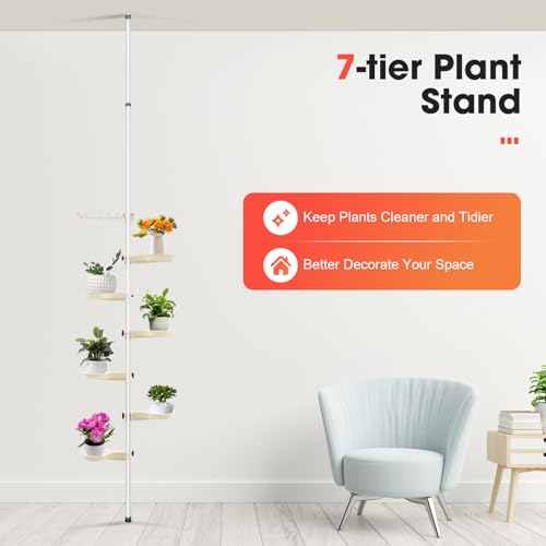 7-Tier Plant Stand Indoor Tension Pole Metal Flower Pot Holder Height Adjustable,Space Saving Plant Stands Tray Tension Pole Planter Shelf,Home Flower Display Stand Rack Pot Holder White