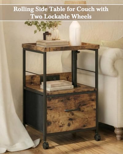 Faesun Swivel Lift Top Nightstand with Charging Station, Rolling Night Stand with Fabric Drawer, Adjustable Bedside Table for Bedroom, Living Room, Brown, Pro - color: 01 - Brown (Tray Top), size: 1 Drawer