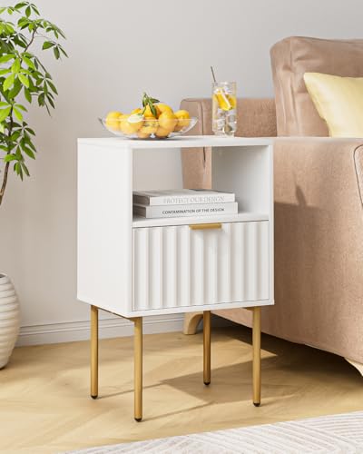 Nightstand,Modern Bedside Table with Gold Frame,White Night Stand,Bedside Furniture, Modern Side Table with Drawer and Shelf for Bedroom,Living Room (White) - color: White