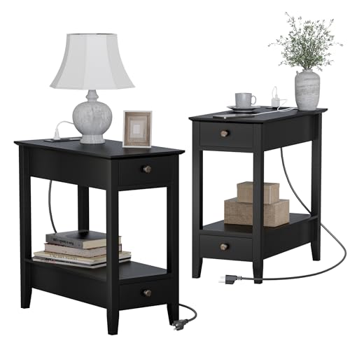 Treocho End Tables Living Room Set of 2 with Charging Station and 2 Drawers | Narrow Side Table with Ample Storage, Sofa Bedside Table for Small Spaces, Living Room, Bedroom, Black - color: Black