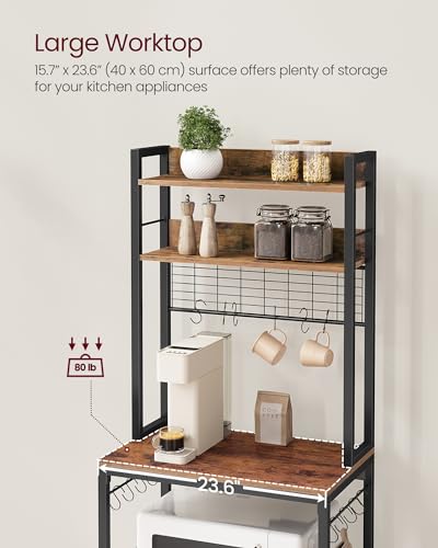 VASAGLE Bakers Rack with Power Outlet, Microwave Stand, Kitchen Tall Utility Storage Shelf, with Metal Wire Panel, 14 Hooks, 15.7 x 23.6 x 66.9 Inches, Rustic Brown and Ink Black UKKS037B01 - color: Rustic Brown + Ink Black, size: 23.6"W