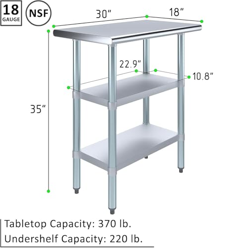 Stainless Steel Work Table with Double Undershelf | Heavy Duty Prep Table | NSF Certified | Commercial Kitchen, Restaurant, Utility Room (18 x 30) - size: 18x30