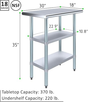 Stainless Steel Work Table with Double Undershelf | Heavy Duty Prep Table | NSF Certified | Commercial Kitchen, Restaurant, Utility Room (18 x 30) - size: 18x30