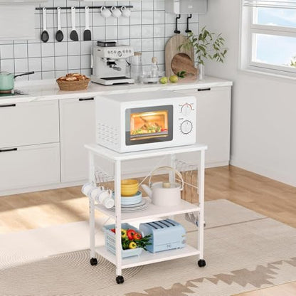Mr IRONSTONE Microwave Cart 23.7'' for Small Space, 3-Tier Microwave Stand Coffee Cart Rolling Kitchen Utility cart on Wheels, White - color: White