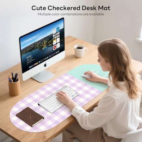 Checkered Pattern Desk Pad Protector, 35.5 x 13'' Aesthetic Mouse Mat for Desktop, Waterproof PU Leathe Non-Slip Desk Writing Pad for Office and Home, Purple and Blue - color: Purple and Blue