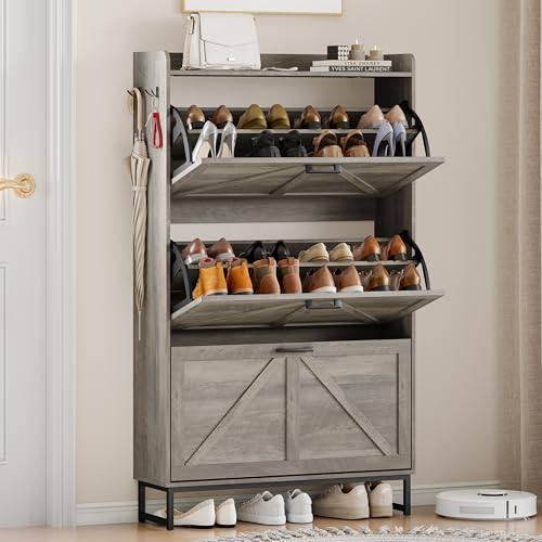 Wodeer Shoe Cabinet Storage for Entryway, Shoe Storage Cabinet with 3 Flip Drawers, Freestanding Narrow Shoe Rack Organizer with Metal Legs & Side Hook for Foyer, Hallway, Grey - color: Grey, style: 3 Drawers